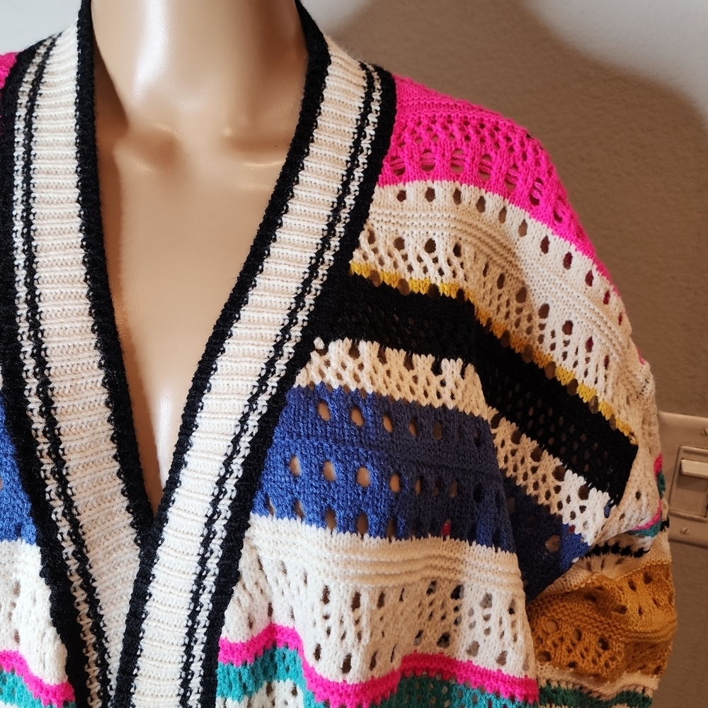 NWT Bibi Knit Multi Striped Pointelle Cardigan. Size 1X. - Picture 6 of 16